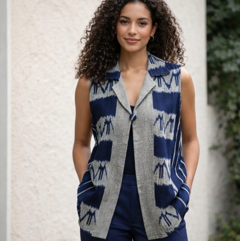 Vintage Ikat Sleeveless Blue Gray Artisan Statement Vest